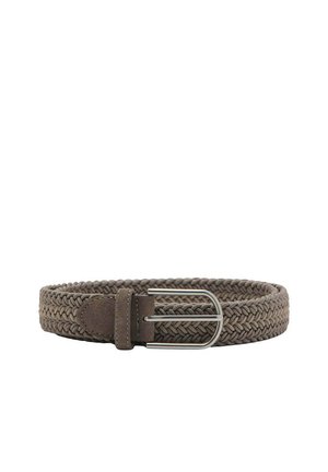 Cintura in tessuto grigio intrecciato con fibbia in metallo argento e rifinitura in pelle su sfondo bianco.