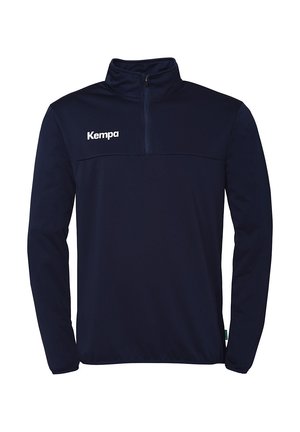 Marineblauwe fleece trui met een halve rits, voorzien van een wit "Kempa" logo op de borst, lange mouwen en een eenvoudig design.