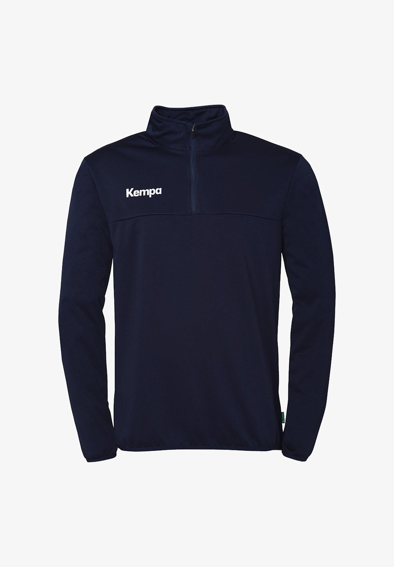 Navy blue fleece pullover with a half zipper, featuring a white "Kempa" logo on the chest, long sleeves, and a simple design.