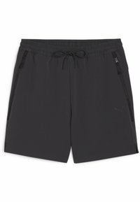 Zwarte sportshorts van gladde stof, met een elastische tailleband met trekkoord, zijzakken met rits en een klein logoaccent.
