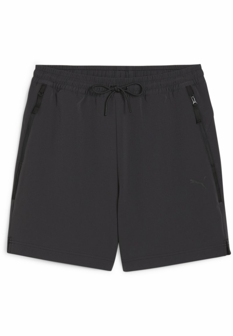 Zwarte sportshorts van gladde stof, met een elastische tailleband met trekkoord, zijzakken met rits en een klein logoaccent.
