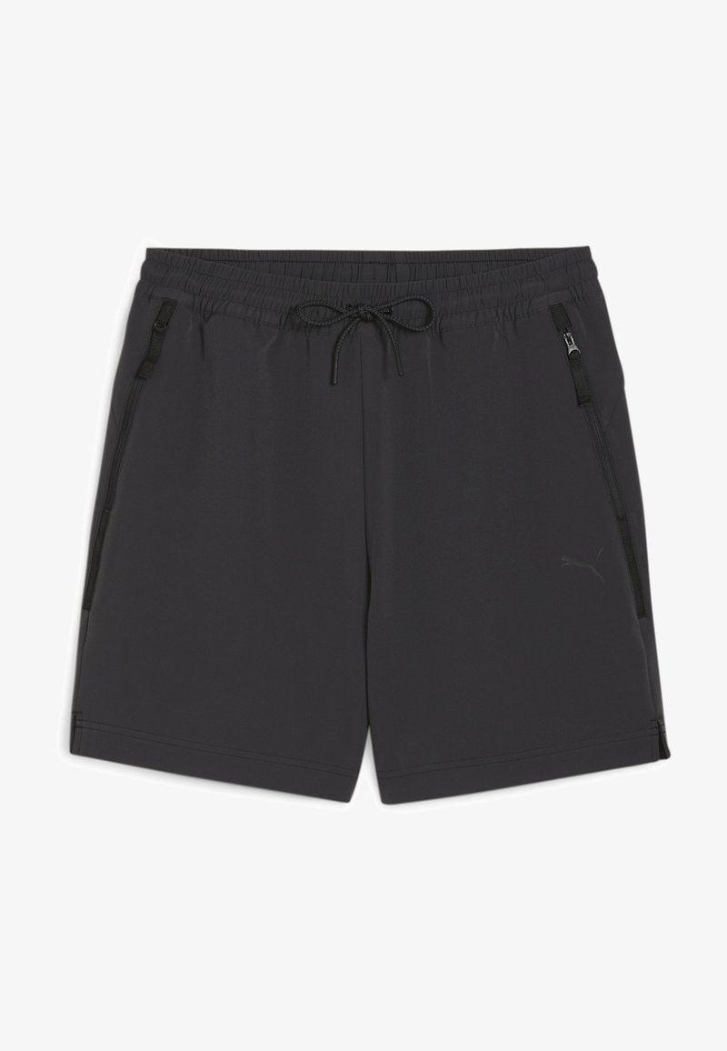 Shorts de sport noirs en tissu lisse, avec une taille élastique et un cordon de serrage, des poches zippées sur les côtés et un petit logo en accent.