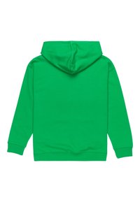 Zelená mikina s kapucňou, vyrobená z mäkkej látky. Má priestrannú kapucňu, dlhé rukávy a rebrovaný lem a manžety. Jednoduchý dizajn, bez vzorov.