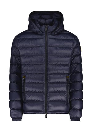 Giacca puffer blu navy con cappuccio, caratterizzata da un design trapuntato, tasche frontali con zip e polsini elastici; realizzata in materiale imbottito lucido.