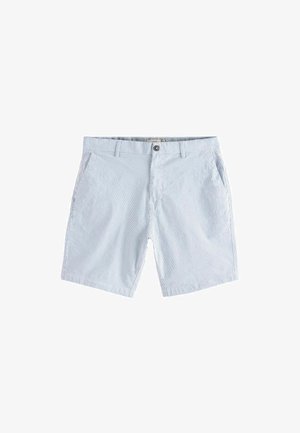 Lichtblauwe gestreepte shorts van zachte stof met twee zijzakken en een knoopsluiting. Bevat een horizontaal streepjespatroon door het geheel.