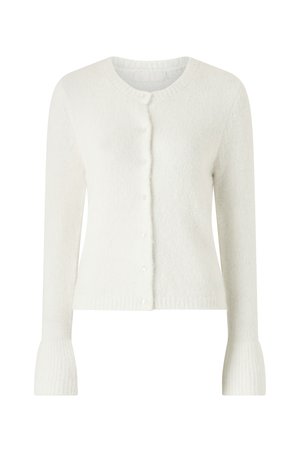 Weißer langärmeliger Strickcardigan mit rundem Ausschnitt, Frontknopfverschluss und ausgestellten, gerippten Bündchen.