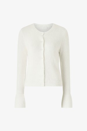 Biały, dziany kardigan z długim rękawem, okrągłym dekoltem, zapięciem na guziki z przodu i rozkloszowanymi, prążkowanymi mankietami.