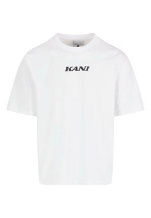 Weißes Baumwoll-T-Shirt mit kurzen Ärmeln und Rundhalsausschnitt. Schwarz gedruckter "KANI"-Text auf der Vorderseite. Gerader Schnitt und glatte Textur.