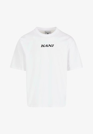 Witte katoenen t-shirt met korte mouwen en een ronde hals. Zwarte "KANI" tekst gedrukt op de voorkant. Recht gesneden en gladde textuur.