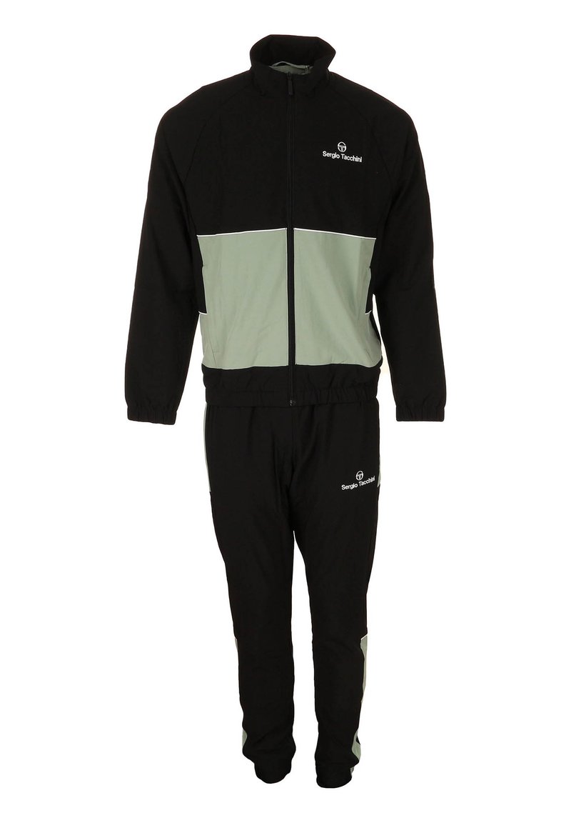 Zwarte joggingset met een dichtgenaaide jas die een lichtgroene streep over de borst heeft en bijpassende accenten op de broek, gemaakt van rekbare stof.