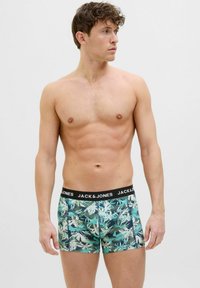 Boxerii cu un waistband elastic negru, având text alb. Materialul prezintă un model cu frunze tropicale verzi pe un fundal albastru.
