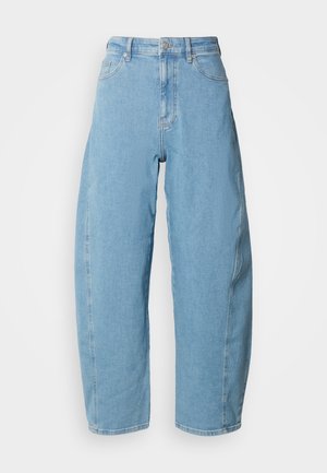 Lyseblå høytlivs vide bukser i denim med lommer foran og bak, knappelukking og glidelås.