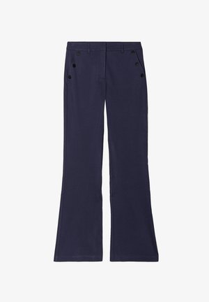 Marineblaue, aus Stoff gefertigte, ausgestellte Hosen mit zwei Fronttaschen. Verfügt über sechs schwarze Knöpfe entlang der Taschennähte zur Dekoration.