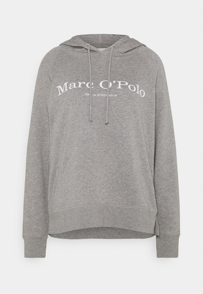 Sweat à capuche gris à manches longues avec cordons et texte "Marc O'Polo" imprimé en blanc sur la poitrine.