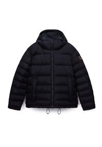 Schwarze Steppjacke mit Kapuze, Frontreißverschluss, zwei Seitentaschen, verstellbaren Kordeln am Saum und gebrandetem Patch am linken Ärmel.