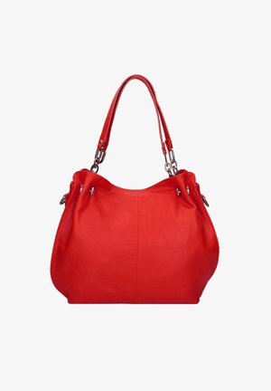 Sac à main en cuir rouge de forme arrondie, avec deux anses et des éléments métalliques argentés. Finition texturée avec le haut froncé pour plus de style.