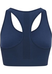 Marinblå sportbehå med racerback-design, texturerad sömnad och mesh-panel för andningsförmåga. Flexibelt material och sömlösa kanter.