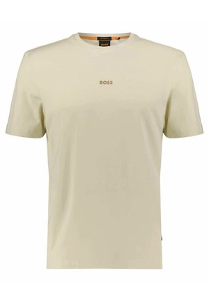 Beżowy t-shirt z krótkim rękawem i okrągłym dekoltem z logo "BOSS" nadrukowanym małymi literami na środku z przodu.