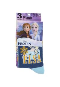 Pack de tres calcetines con diseños coloridos. Base azul con texto amarillo "ELSA", copos de nieve y personajes de Frozen. Material de mezcla de algodón.