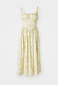 Žlté kvetinové šaty s riasenými ramienkami, priliehavým telom a rozšírenou sukňou. Tkanina má malé kvety a zelené akcenty.