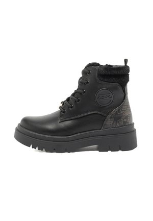 Stivali alla caviglia in pelle nera con colletto in pelliccia sintetica, suola in gomma e pannello posteriore con motivo testurizzato. Dotati di occhielli in metallo e dettaglio con logo.