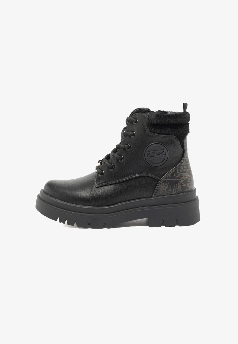 Stivali alla caviglia in pelle nera con colletto in pelliccia sintetica, suola in gomma e pannello posteriore con motivo testurizzato. Dotati di occhielli in metallo e dettaglio con logo.