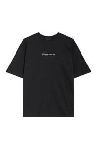 Black cotton t-shirt featuring short sleeves and a crew neck with "Energy never lies" embroidered in white script on the front.