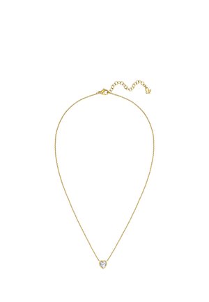 Delicata collana a catena d’oro con un piccolo ciondolo a forma di cuore con pietra preziosa trasparente e chiusura regolabile con catena di prolunga.