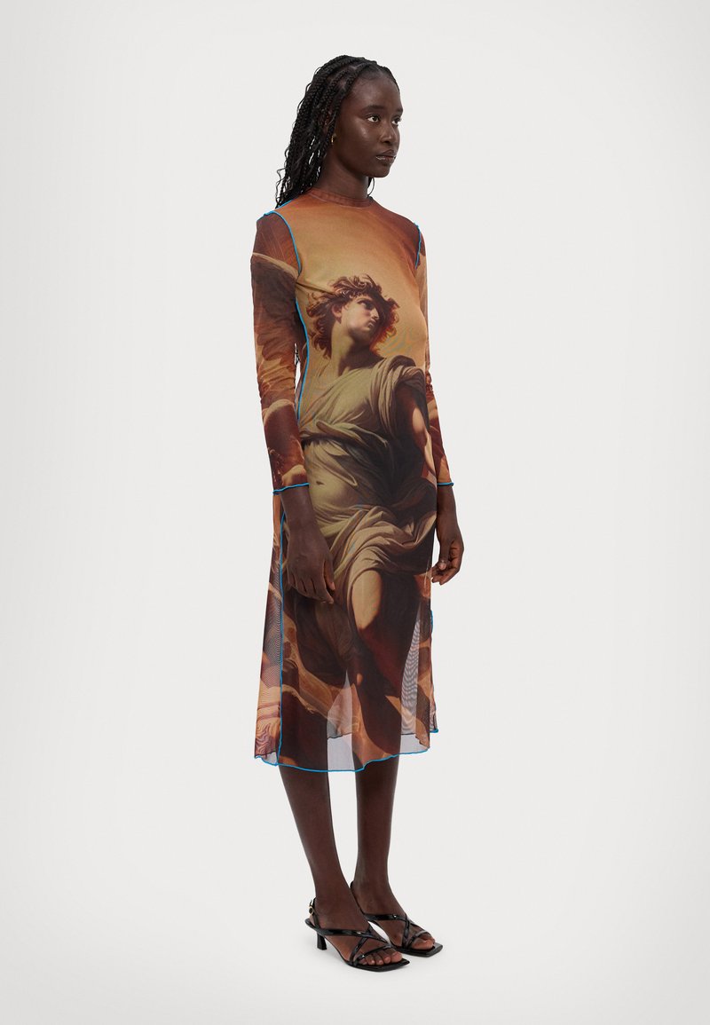 Sheer dress featuring a classical painting print, long sleeves, round neckline, and contrasting blue accents along the seams.