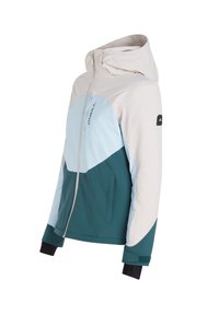Veste à capuche avec un design coloré en crème, bleu clair et turquoise. Fabriquée en matériau lisse avec une fermeture éclair à l'avant et des poignets élastiques.