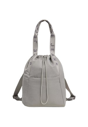 Gray fabric drawstring backpack with adjustable straps, featuring textured side panels and "Pepe Jeans" logo on the handles.