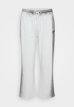 Gray cotton-blend sweatpants with an elastic waistband, drawstring, and accent panel in a darker shade; flared leg design.