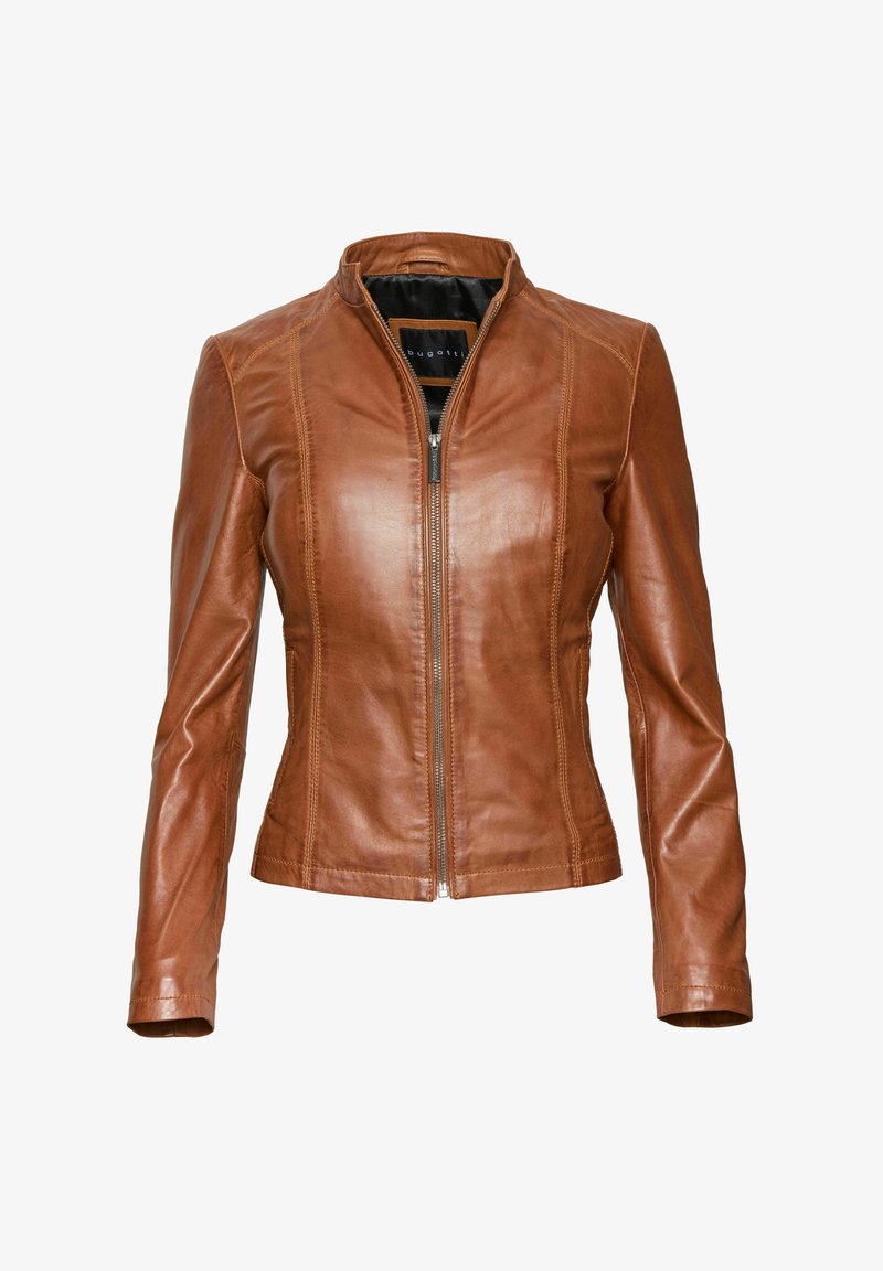 Ruskea nahkatakki, jossa on istuva muotoilu, korkea kaula-aukko ja etuvetoketju. Sisältää yksityiskohtaisen ompelun saumoissa ja sileän pinnan.