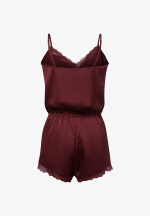 Burgundy satin romper with lace trim, featuring adjustable spaghetti straps and an elastic waistband. Smooth texture, shorts design.
