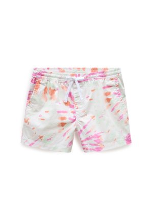 Shorts de bain tie-dye en blanc, ornés de taches de rose, orange et vert. Taille élastique avec cordon de serrage et poches latérales.