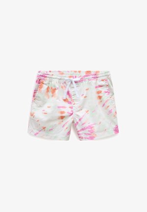 Uimashortsit, joissa on valkoista tye-dye-kuviota ja roiskeita pinkkiä, oranssia ja vihreää. Jousto- ja narusaumavyötärö, sekä sivutaskut.