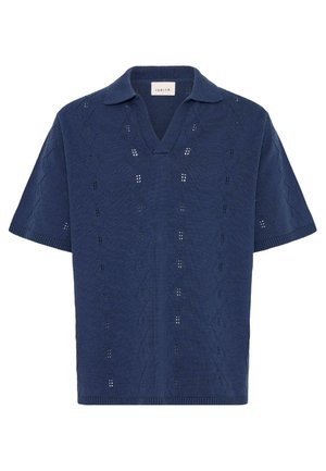 Polo a maniche corte in maglia blu navy con collo a V aperto e sottile trama a motivo diamante.