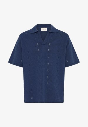Polo a maniche corte in maglia blu navy con collo a V aperto e sottile trama a motivo diamante.