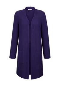 Lange paarse gebreide cardigan met open voorkant, twee voorzakken en lange mouwen.