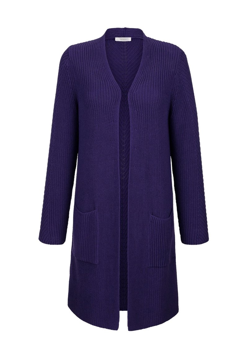 Lange paarse gebreide cardigan met open voorkant, twee voorzakken en lange mouwen.