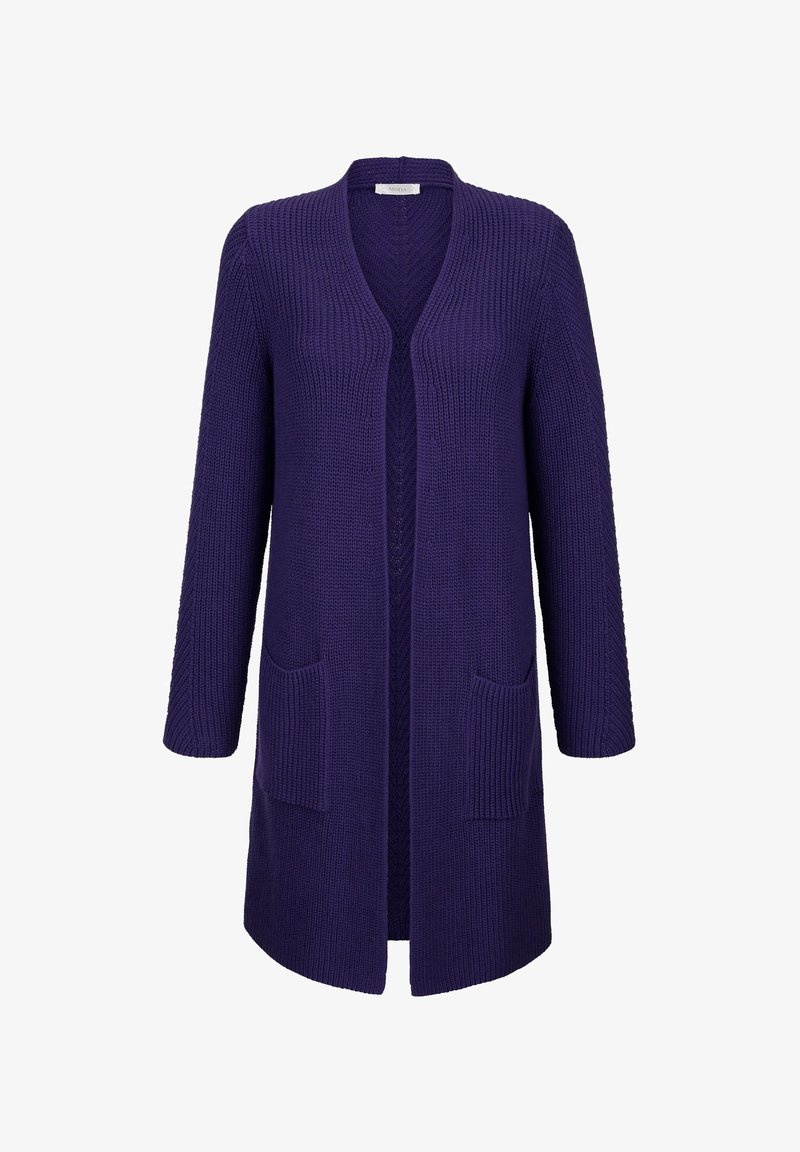 Lange paarse gebreide cardigan met open voorkant, twee voorzakken en lange mouwen.