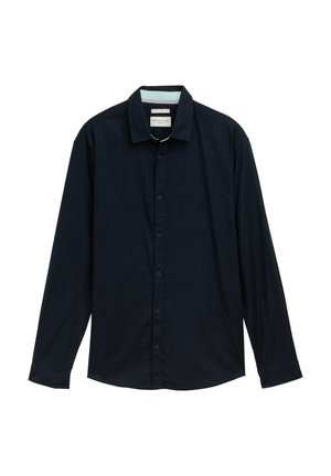 Camicia a maniche lunghe blu navy in cotone, con chiusura anteriore a bottoni, colletto a punta e taschino singolo sul petto. Tessuto liscio.