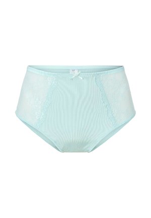 Svetlomodré spodné prádlo s vysokým pásom s priesvitnými čipkovými panelmi po stranách a malým stužkovým detailom vpredu. Hladká textúra látky.