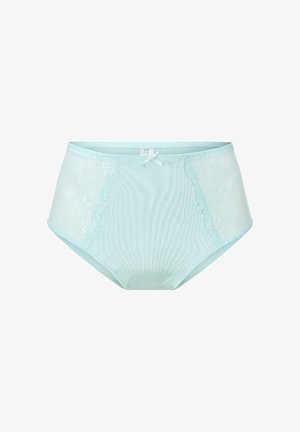 Lyseblå højtaljede undertøj med transparente blonder på siderne og et lille bånddetalje foran. Glat stoftekstur.