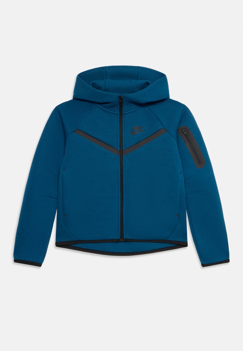 Hoodie azul da Nike com fecho preto, detalhes pretos no peito e no bolso da manga, e capuz preso.