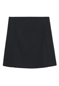 Jupe noire en ligne A fabriquée dans un tissu texturé, présentant des lignes épurées, un ourlet lisse et sans attaches ni ornements visibles.