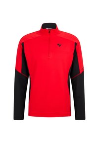 Roter und schwarzer langärmeliger Sportpullover mit Viertelreißverschluss und schwarzem Logo auf der linken Brust vor einem weißen Hintergrund.