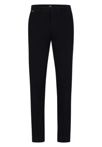 Černé slim-fit pánské kalhoty s poutky na opasek a předním zipem, určené na formální nebo business casual nošení.