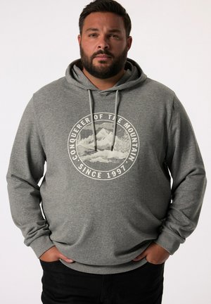 Grå hætte sweatshirt med et frontgrafik cirkeldesign, der viser bjerge og tekst, elastiske manchetter og en snoretræk hætte.