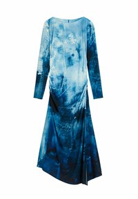 Kombinezon dugih rukava s gradijentnim plavim dizajnom i uzorcima urbanog horizonta. Mekana, lepršava tkanina s okruglim izrezom i zatvaračem na leđima.